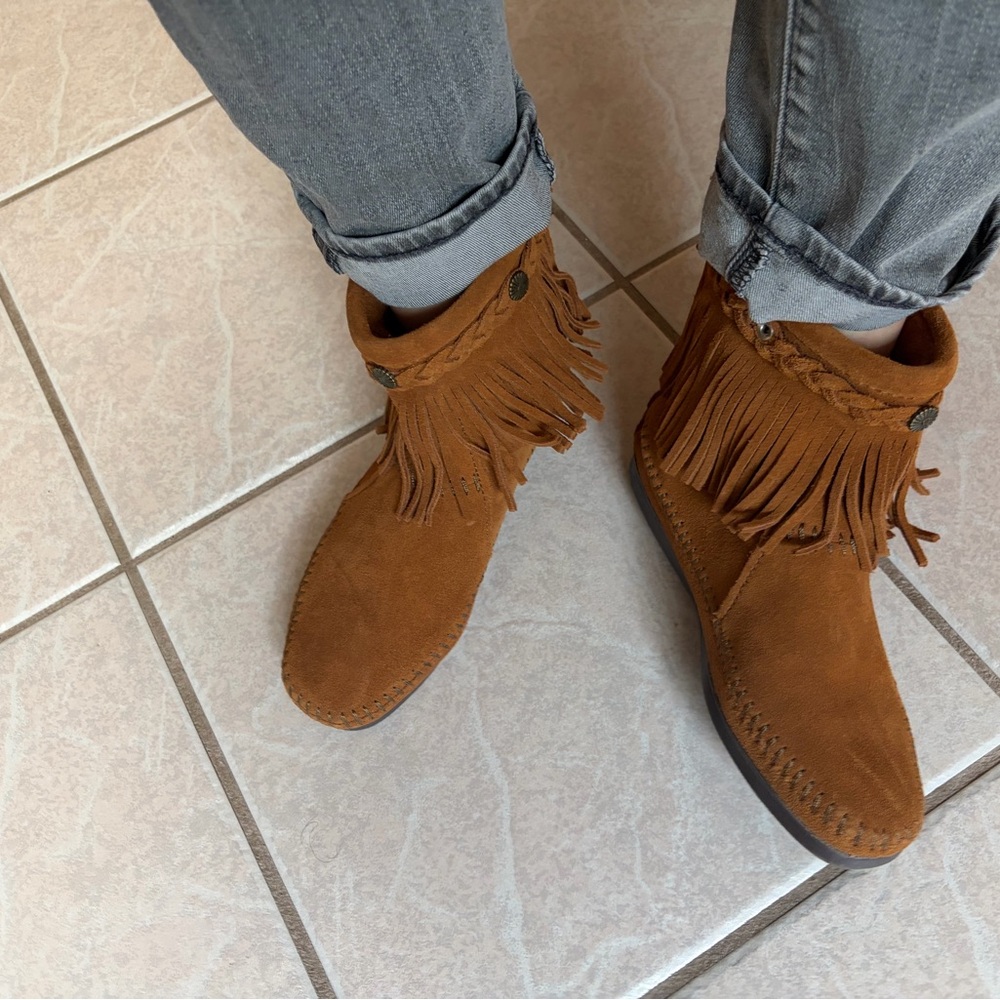 Minnetonka Brown Suede Fringe Bootie Moccasins - Picture 7 of 17